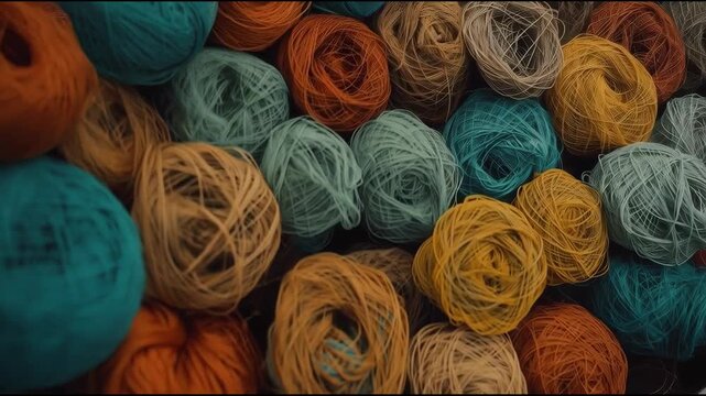 Colorful yarn ball arrangement creating cozy textured pattern with warm tones fiber wool textile