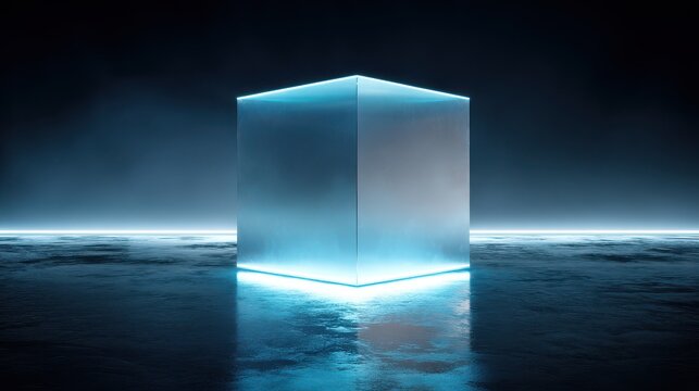cube with glowing blue edges on reflective surface in dark environment