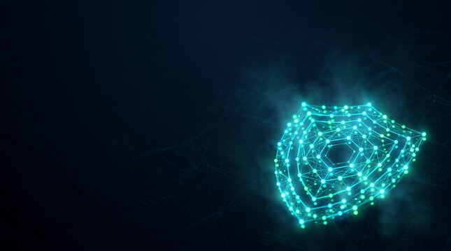 Abstract cloud computing network security concept with glowing digital shield icon representing cyber data protection on dark background