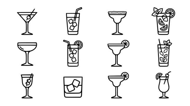 Black and white vector illustration of various cocktail glasses designs