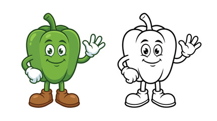 Obraz premium Green Bell Pepper Cartoon Character Coloring Page for Kids Activity Book Illustration