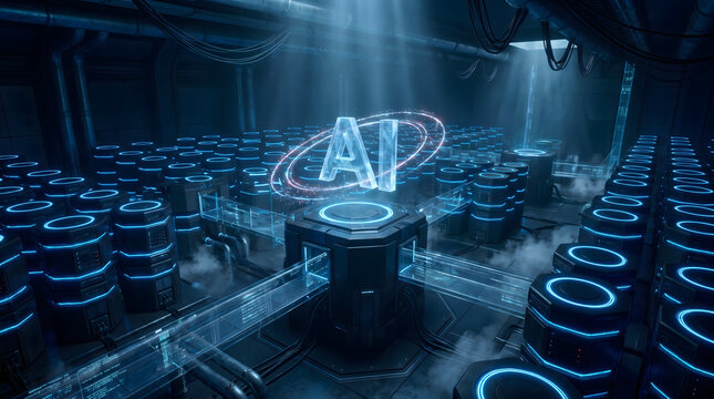 Futuristic artificial intelligence data processing center with glowing blue lights, showcasing advanced technology infrastructure for powerful AI computations and innovation