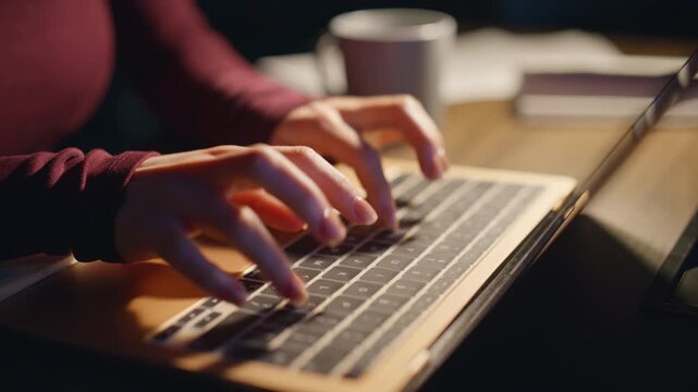 Woman hands typing laptop keyboard evening home. Closeup freelancer at night