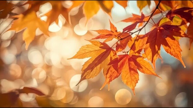 Golden maple leaf orange yellow autumn fall glowing in warm bokeh sunlight serene mood