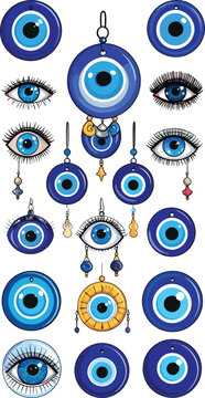 Pixel art evil eye charms and amulets, protective symbols with blue eyes, dangling pendants, detailed beaded ornaments, and various eye designs