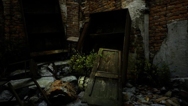 Crumbling brick interior with broken door and scattered rubble, collapsed ceiling and patches of sunlight, young plants sprouting through debris, gritty