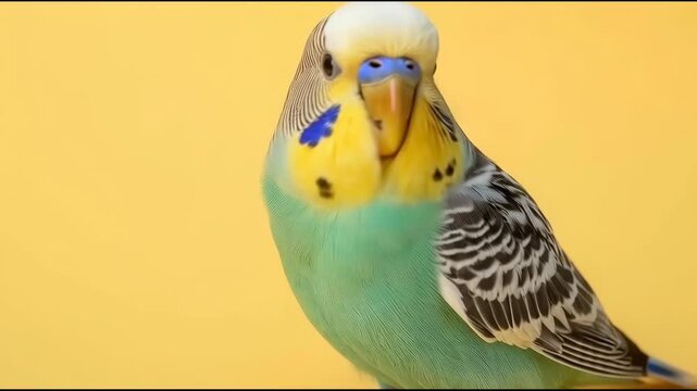 Green plumage budgerigar parakeet small bird pet bird yellow head perched yellow background vibrant