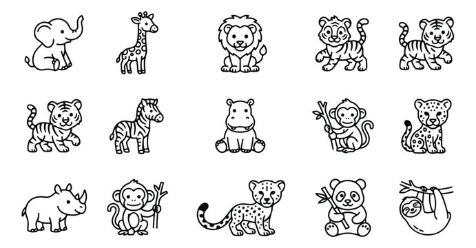 Cute safari animal icons, 15 wild zoo animal line art vectors, jungle coloring book characters