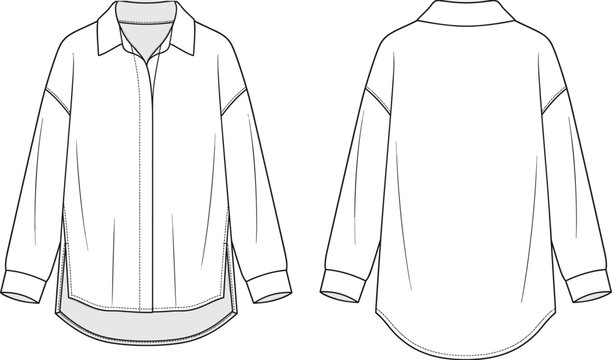 Fashion technical flat sketch of oversized button up shirt with drop shoulder and curved hem