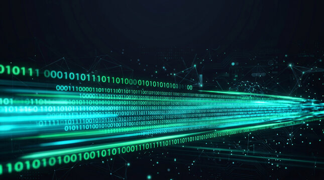 Big data stream visualization with glowing cyan binary code numbers and digital network connection on dark background for cyber security