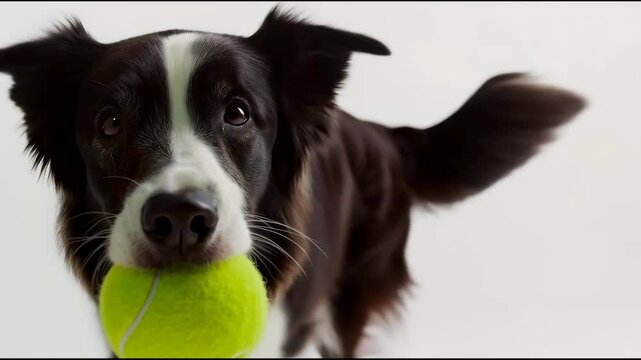 Playful black border collie dog with tennis ball in mouth energetic joyful pet motion