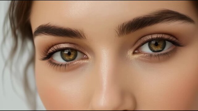 Soft close up female eyes eyelid eyebrow skin hazel eye natural dewy makeup glowing skin