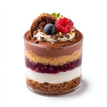 dessert of chocolate mousse berry gel and crunchy isolated on a white background