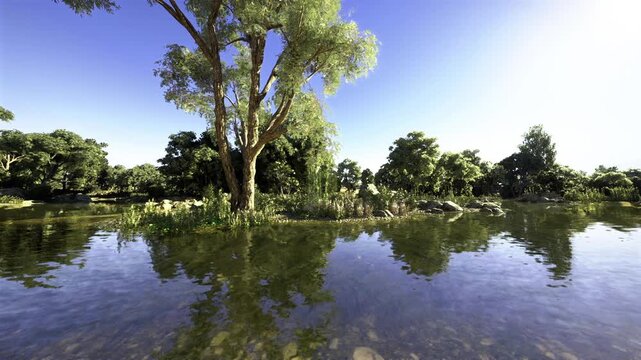Wide riverside with tall willow centered in glassy water reflecting blue sky, soft ripples and verdant foliage creating tranquil summer scene.