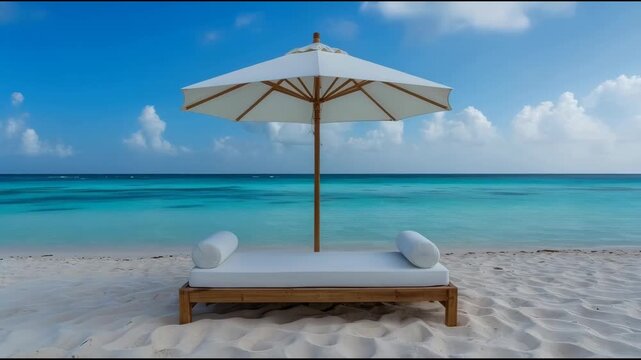 Turquoise ocean sand with white beach lounger umbrella tranquil tropical shore, serene getaway scene