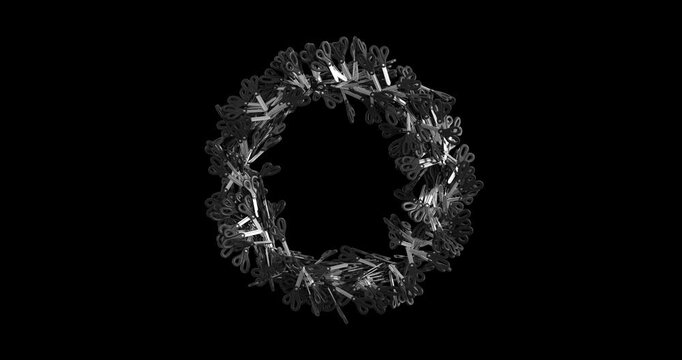 Black 3D scissors form a circular ring frame. Includes 4K resolution with alpha channel.