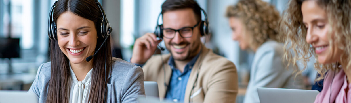 Customer Support Team at Work: A group of friendly customer service representatives wearing headsets, smiling and engaging with clients, embodying a positive and efficient support environment.