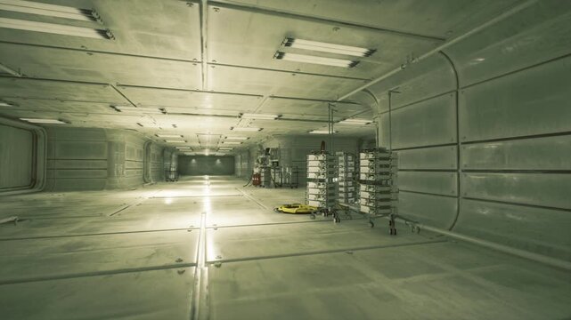 Wide industrial corridor with luminous cross on floor, metal panels, recessed ceiling lights, distant equipment stacks, minimal sterile atmosphere, modern