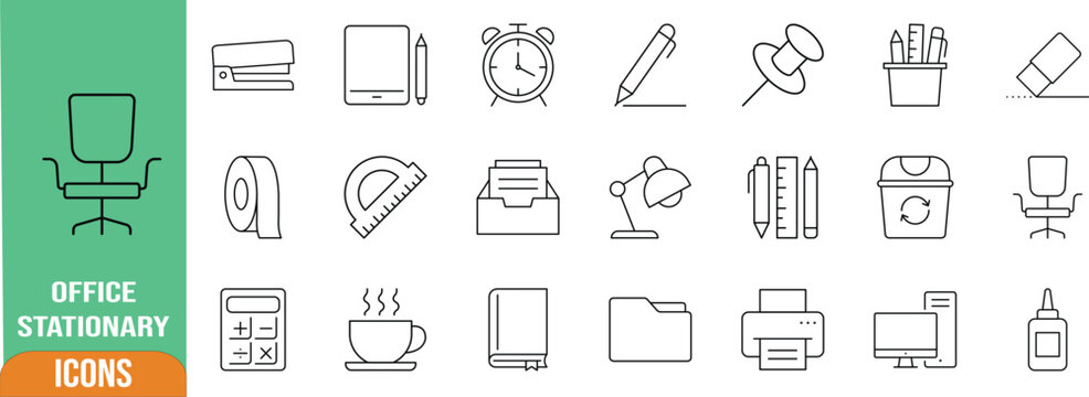 Office stationery business vector icons. stapler icon set, calculator icon set, printer icon set