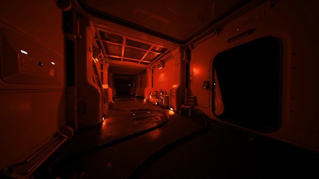 Dark corridor illuminated by sparse red markers and indicator lights, powerdown ambience with shadowed bulkheads and silent containment mood, emergency systems