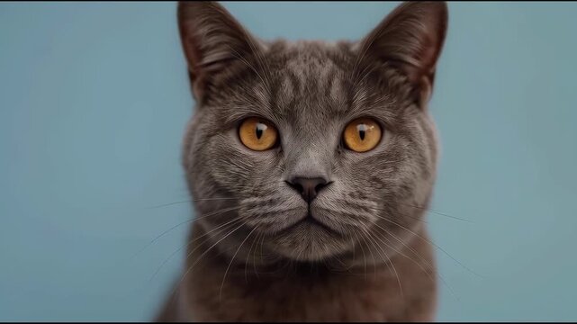 Gray cat portrait with amber eye short hair feline portrait pet calm studio neutral blue backdrop