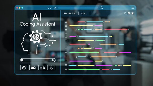 Futuristic AI Coding Assistant Interface Displaying Colorful Code Lines in a Modern Workspace with Developers Collaborating in the Background. Entropy.