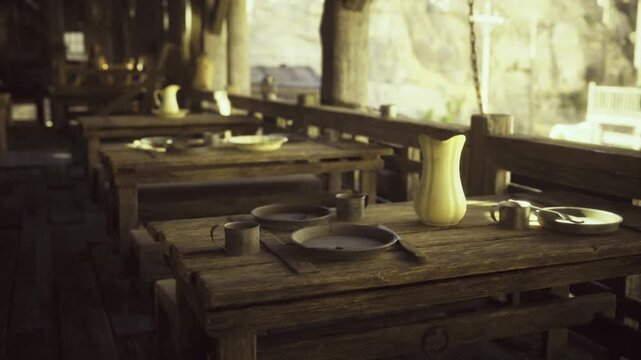 Dim wooden tavern tables soaked in golden sunlight, postfeast stillness with scattered plates and pewter mugs, dust motes drifting through mullioned windows,