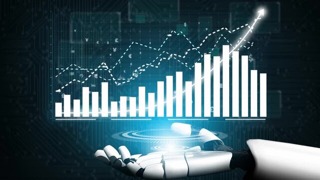 A robotic hand presents a rising bar graph against a digital backdrop, symbolizing technological progress and business growth in the modern world. Copula