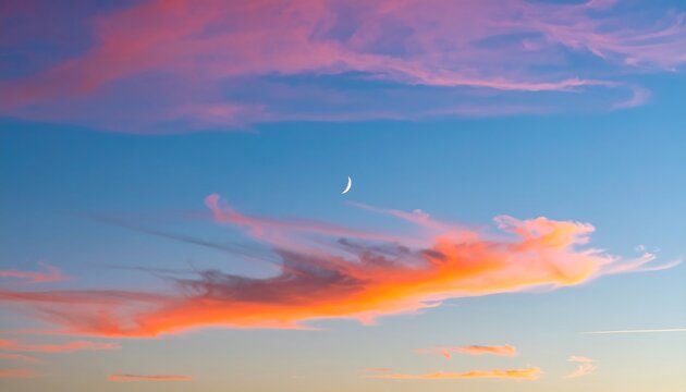 Vibrant sunset clouds with crescent moon in a blue sky