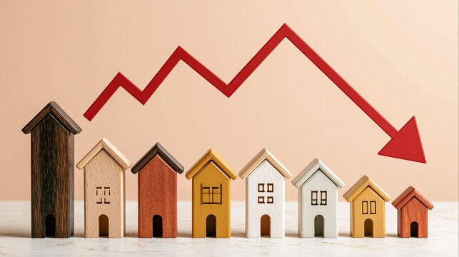 Real Estate Downturn: Miniature wooden houses arranged in ascending order are overshadowed by a large red arrow indicating a significant downward trend, symbolizing a crisis in the housing market.
