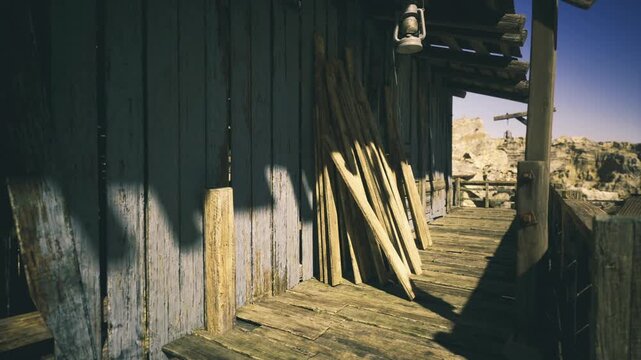 Shadowed carpenter shed with stacked lumber light filtering through gaps highlights grain, aged boards leaning against wall, scattered nails and toolbox