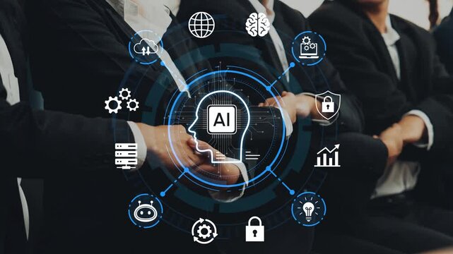Business professionals engaging with artificial intelligence technology concepts in modern corporate environment with digital graphics and icons. Entropy.