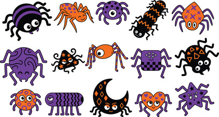 Obraz premium Colorful cartoon spiders collection for halloween decorations and kids' crafts