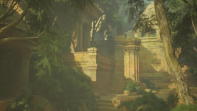Sunlit sacred stairs reveal textured relief, golden beams highlight carved motifs, deep patina on weathered stone, lush vegetation framing composition,