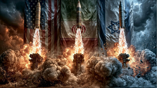 Geopolitical Tensions: A symbolic depiction of international conflict, featuring rockets launching amidst dramatic clouds and national flags, representing global power struggles.
