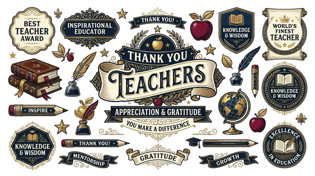 Collection of vintage-style badges and emblems celebrating teachers and education with thank you messages.