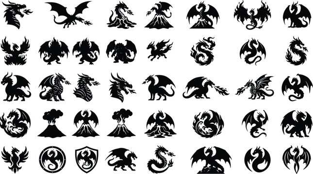 Powerful fire breathing dragon silhouettes and volcano peak emblems for mythical fantasy branding