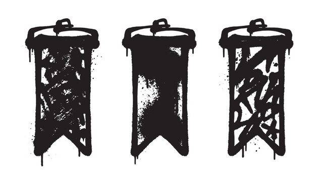 Three vertical banner flags with hanging mechanisms featuring heavy graffiti style ink scribbles and paint splatter textures isolated on a white background