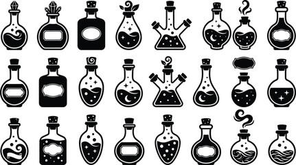 Black silhouette potion bottles collection for witchcraft magic and mystical design elements © Akash Hassan