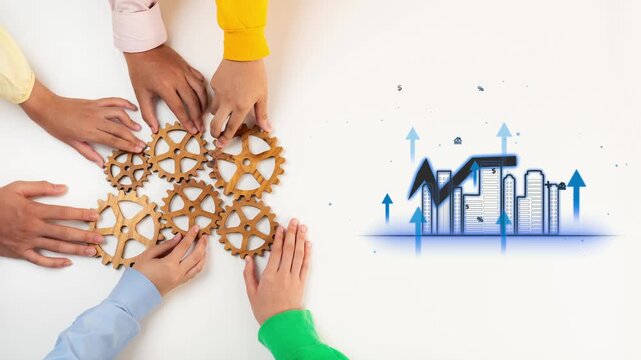 Collaborative teamwork for business growth using gears and city concept, showcasing innovation and success in a creative and modern way. Entropy.
