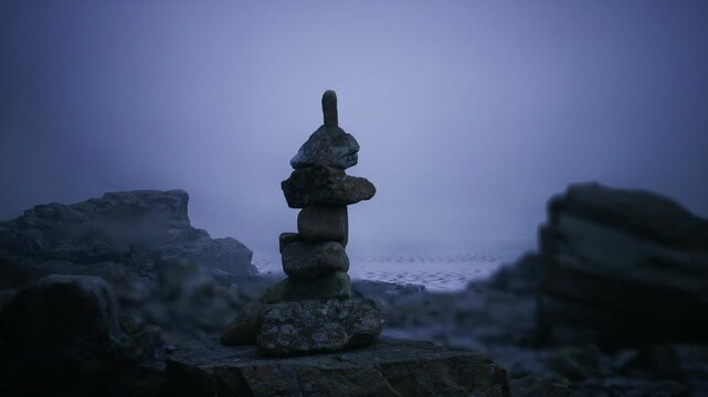 Close stone cairn detail by shore, weathered texture and moss on stacked rocks, shallow depth of field, tactile surfaces, subtle grain and muted tones conveying