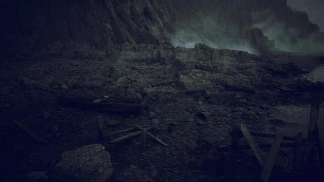 Poststorm coastal debris field at dusk, scattered planks and stones, murky tidal pools, low diffuse light and hazy horizon, mood of aftermath and resilience,