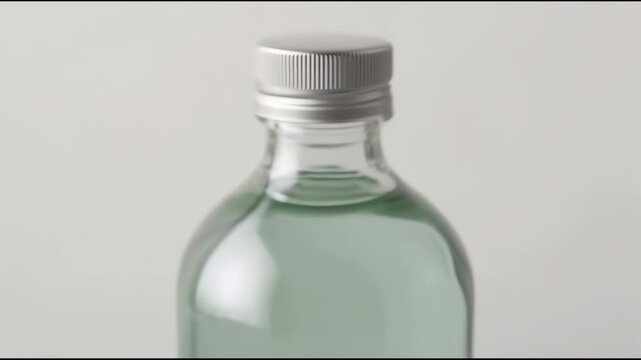 Minimal studio composition clear glass bottle with liquid and metal cap, calm mood