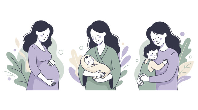Flat illustration showing stages of motherhood with pregnant woman, mother cradling newborn and hugging toddler, Expressing maternal bond representing healthcare posters or parenting blogs