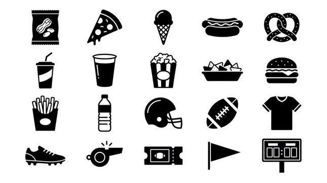 Set of American football stadium snacks and professional sport equipment flat solid icons on white background, representing game day concession menus and symbolizing athletic fan merchandise