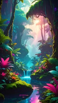 Vibrant tropical jungle waterfall with lush foliage and glowing light