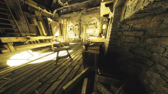 Wide sunlit workshop interior with multiple benches and warm floor light, airy perspective revealing tools, ladders, and livedin craft environment