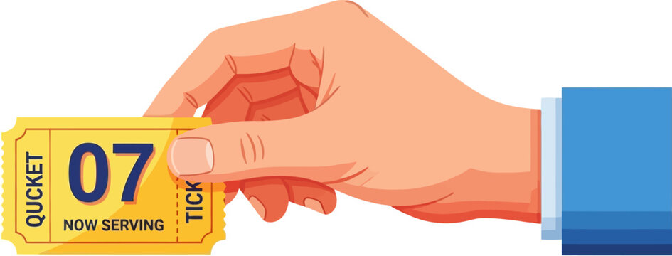Hand holding yellow service ticket with printed number seven close up graphic