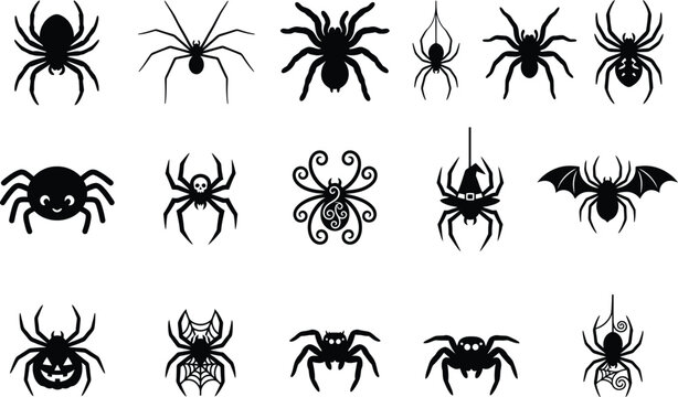 Diverse collection of black silhouette spiders for halloween designs and creepy crawly themes