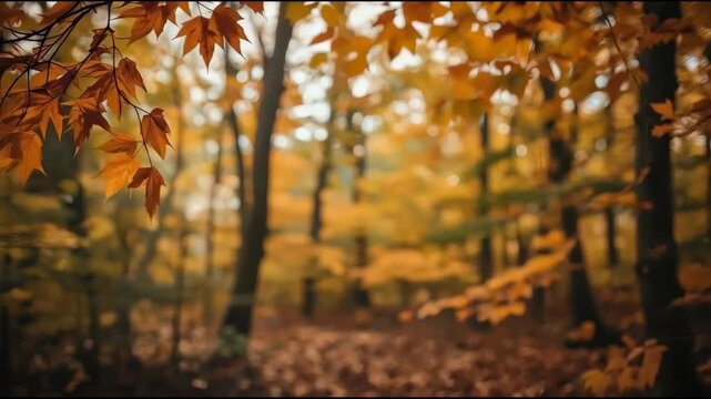 Golden maple leaf forest autumn fall foliage framing serene path with warm soft sunlight